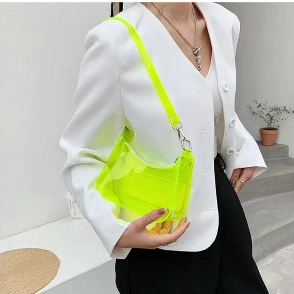 Womens NEW Y2K Neon Yellow PVC Zipper Shoulder Bag Clutch Travel Makeup Purse - Picture 1 of 6